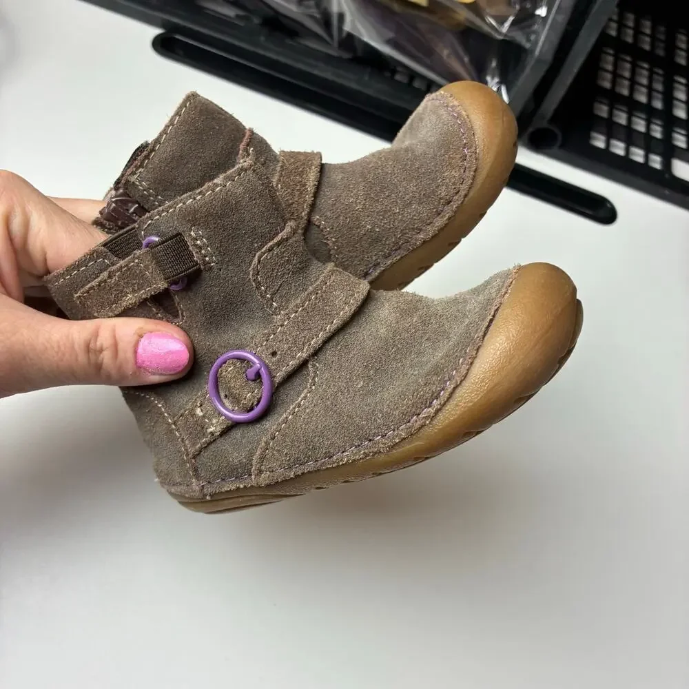 Stride Rite Brown Suede Boots Toddler Girl 6 Side Zip Purple Buckle Walking Shoe